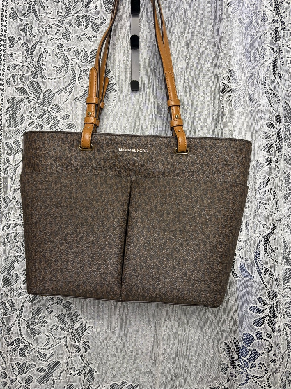 Michael Kors Brown Logo Tote with Tan Leather Straps